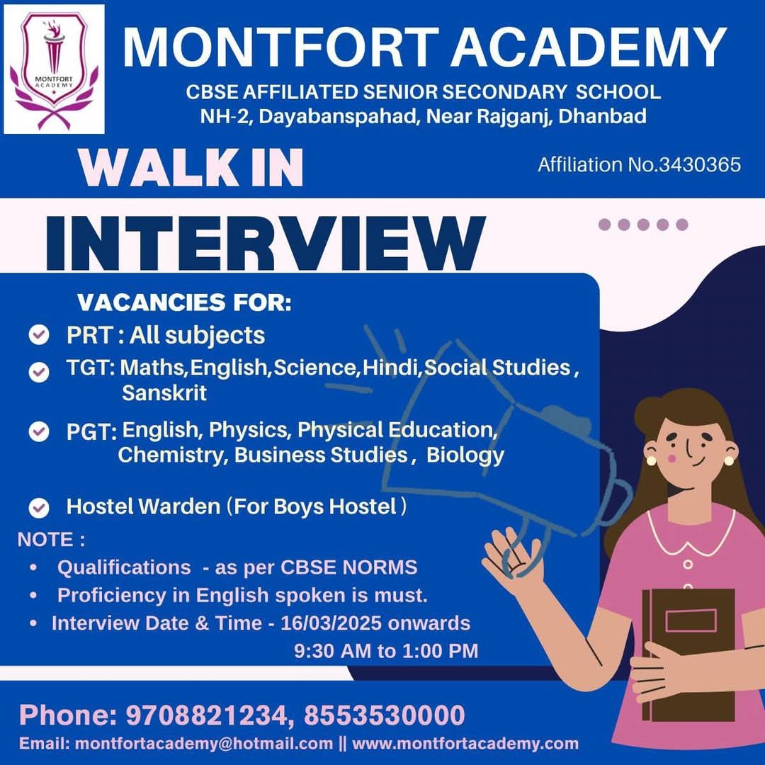 School Jobs at  Montfort Academy ,  Dhanbad